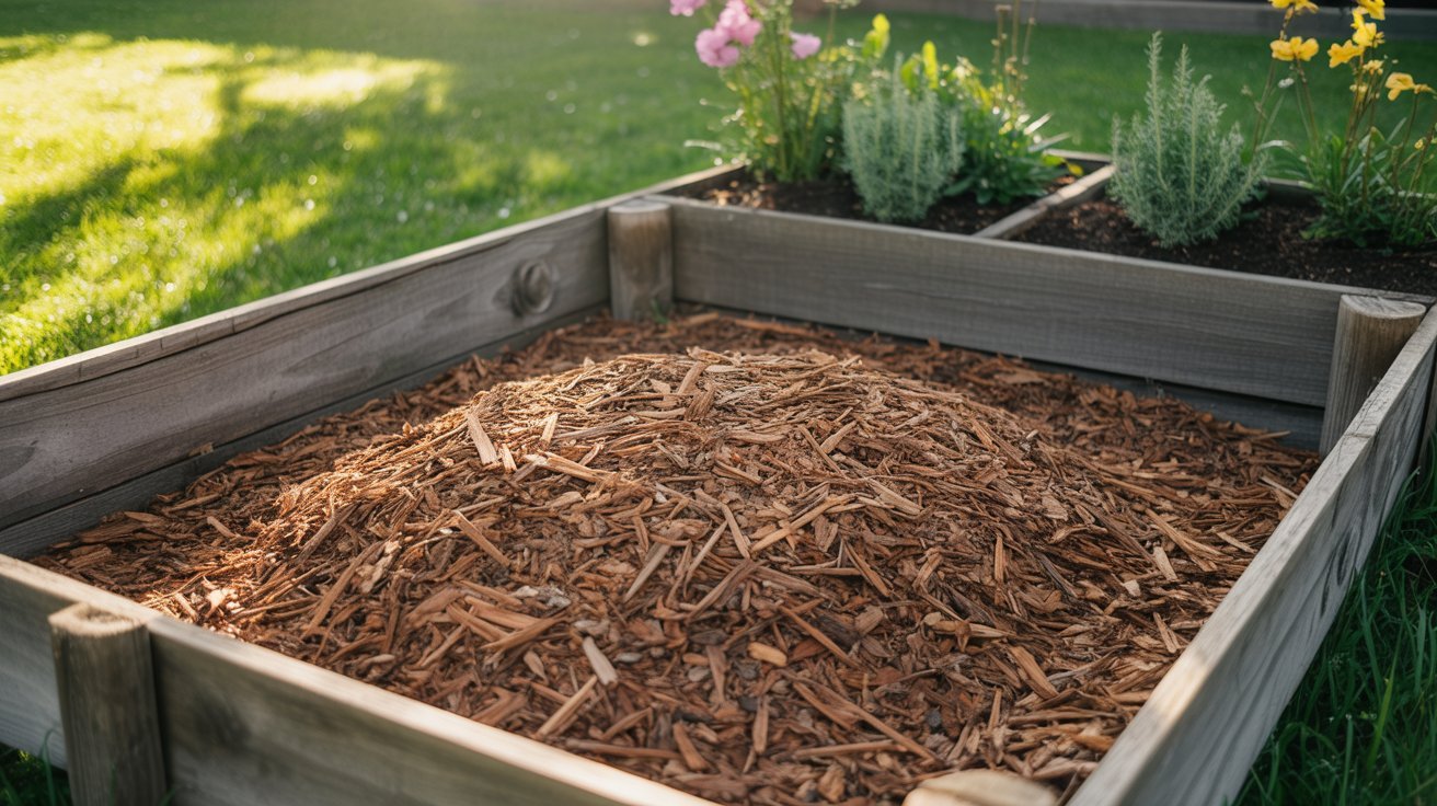 Mulch drying naturally under sunlight to stop slime mold growth.
