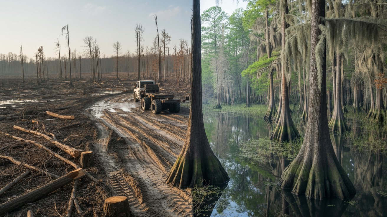 wetland forest clearing showing environmental impact of cypress mulch sourcing