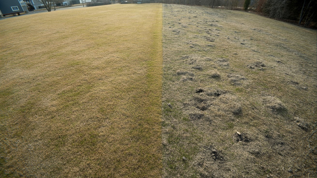 Dormant vs dead grass comparison showing uniform brown lawn versus patchy gray dead areas