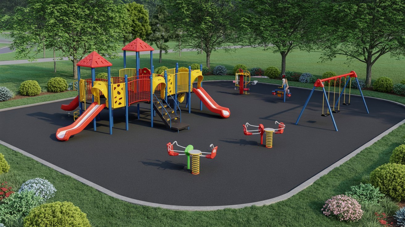 Rubber mulch installed under playground equipment.