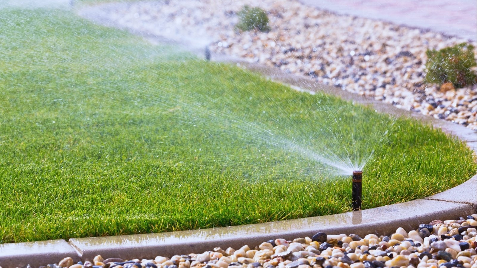 Overhead view of circular lawn sprinkler system watering green sod bordered by decorative stones and landscaping.
