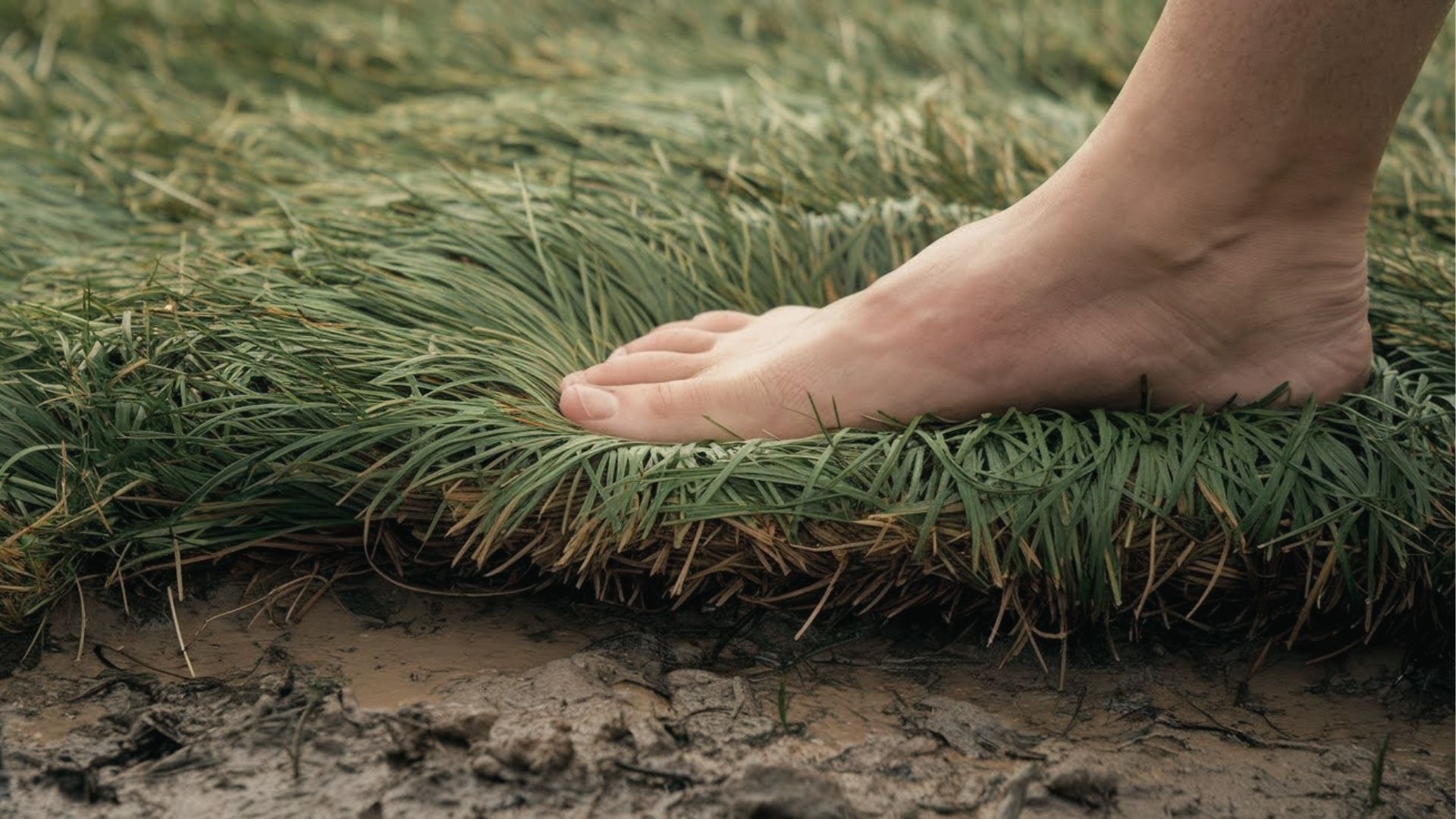 Foot lifts loose, spongy turf layer detached from soil due to grubs eating grass roots