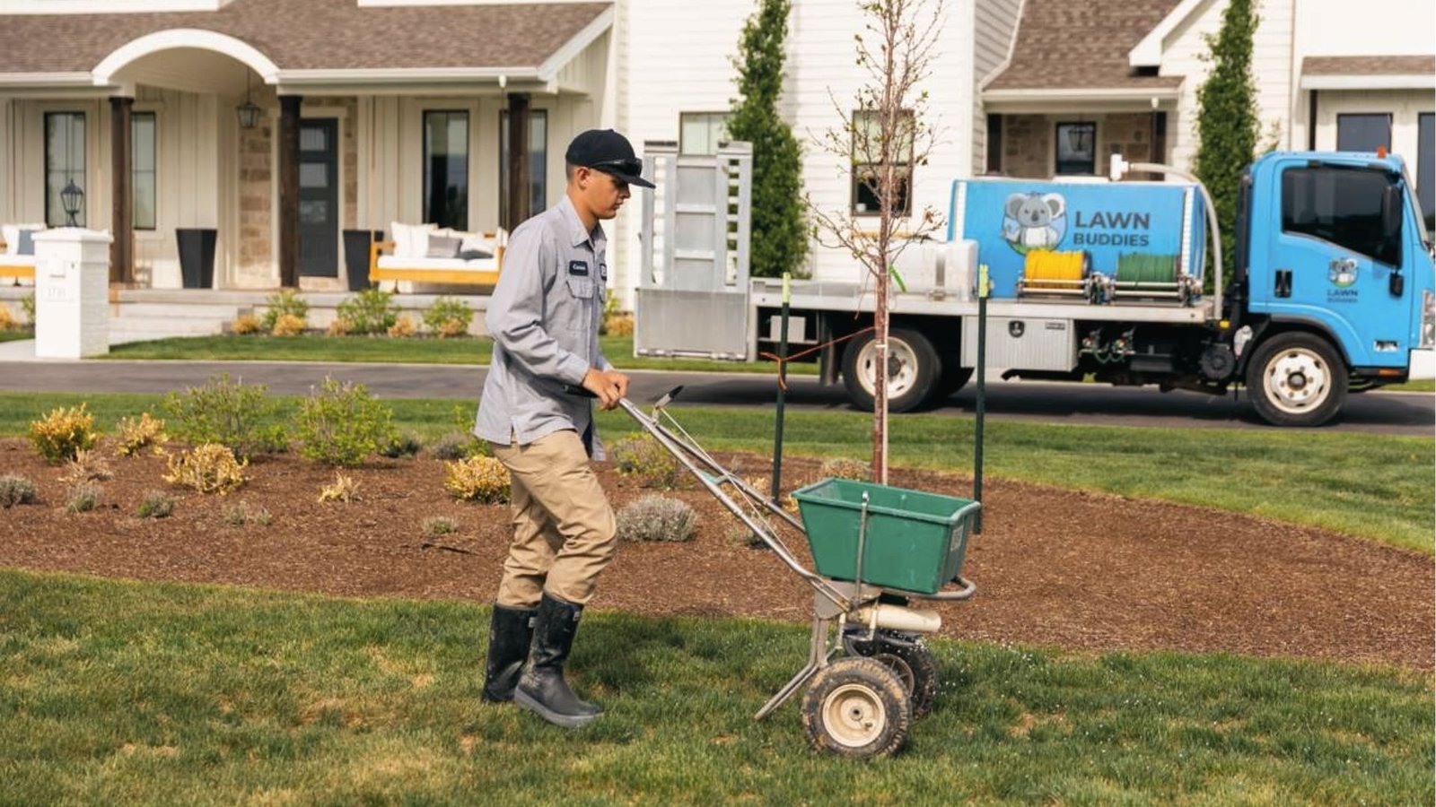 Lawn care pro using a spreader on residential yards highlights proper fertilizing to avoid excess.