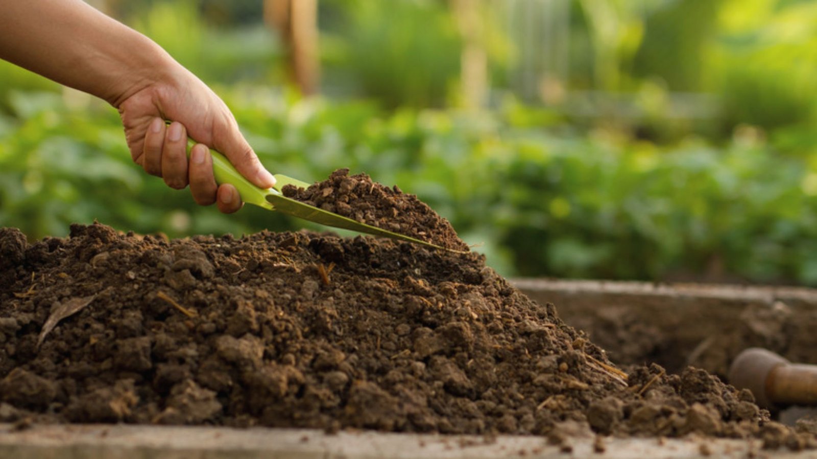 Metal hand trowel with wooden handle inserted into a mound of dark, loamy soil with blurred green grass behind