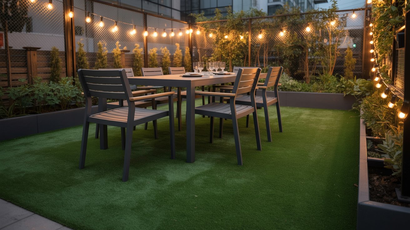 Small backyard turf dining area with outdoor table and chairs