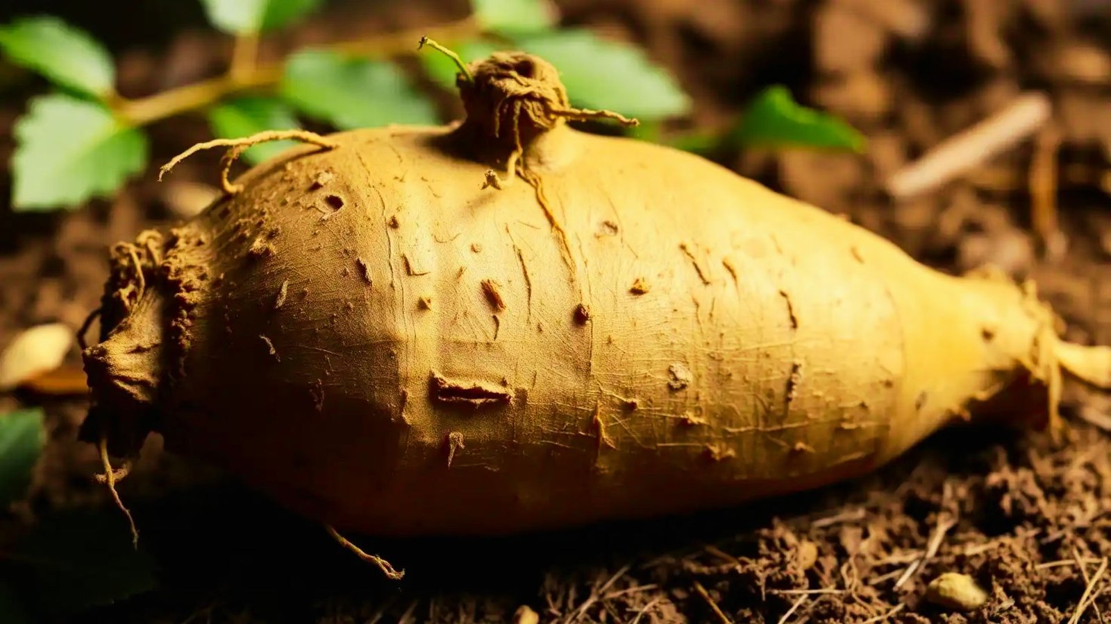 A single light brown yama  tuber with root hairs sits on dark soil