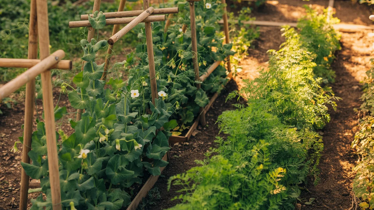 Pea plants growing on trellis beside carrot plants in a shared garden bed with proper spacing and healthy growth under natural sunlight.
