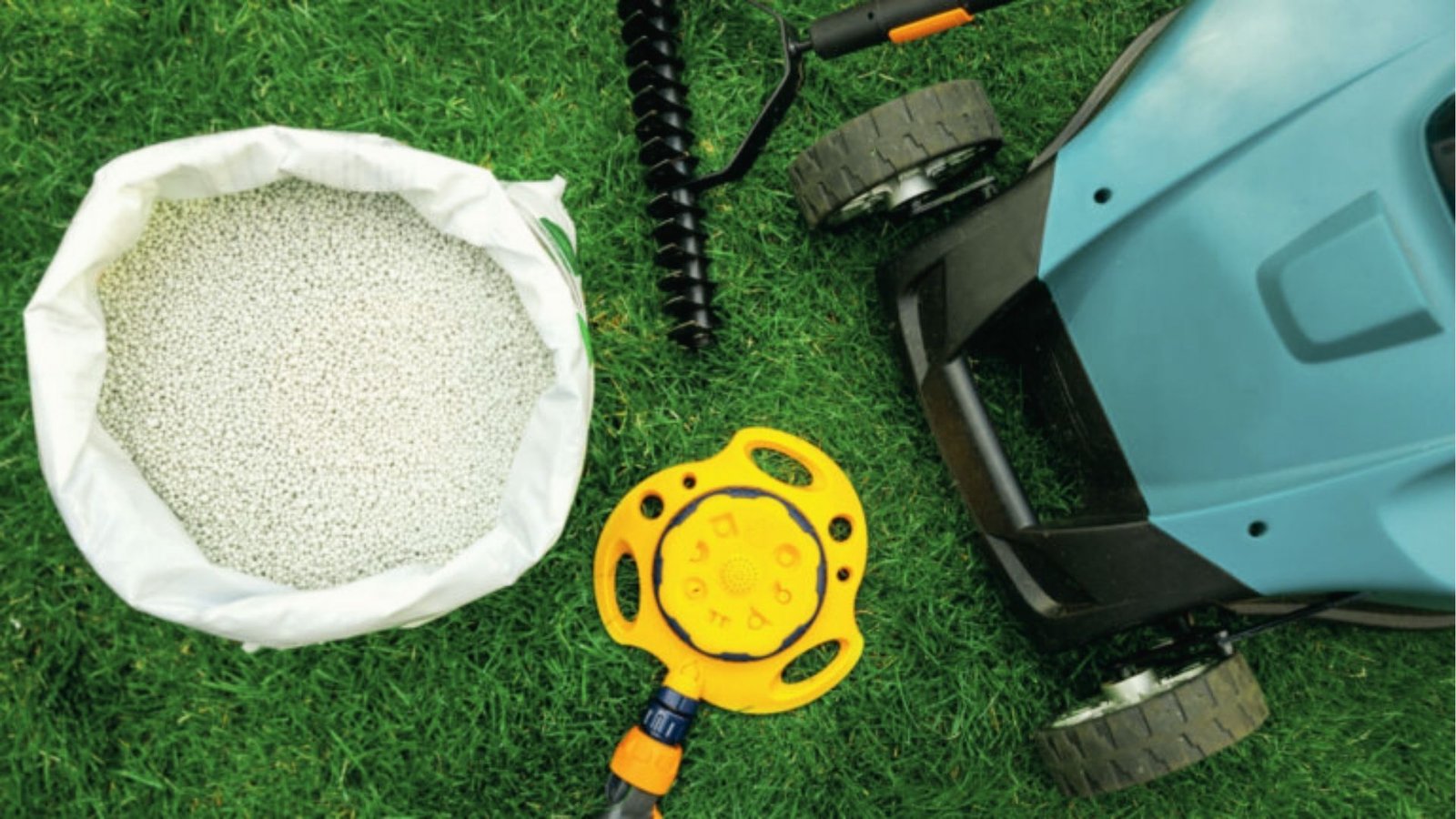 Open fertilizer bags, lawn mowers, and sprinklers on grass show tools that can damage the lawn if overused.