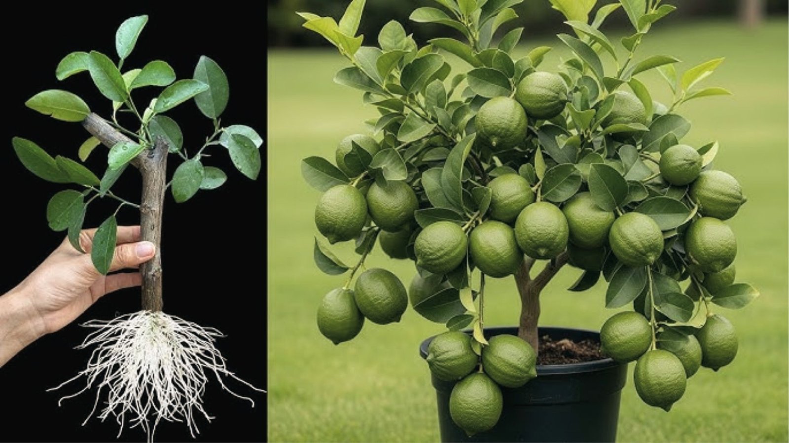 Rooted lime tree cutting held in hand and potted lime tree loaded with green limes