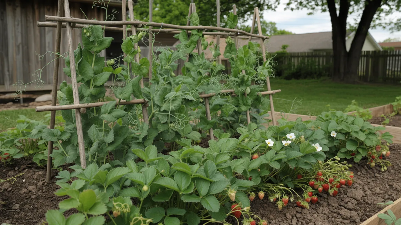 Pea vines growing upward on trellis next to low spreading strawberry plants showing spacing, airflow, and light balance in shared garden space.