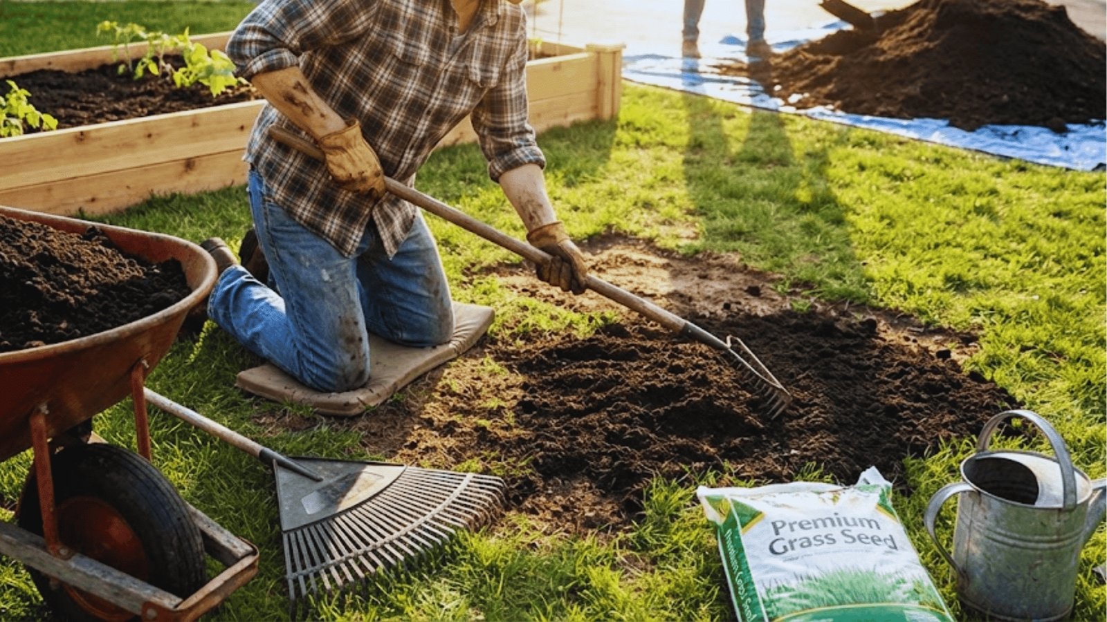 Gardener in plaid shirt and gloves kneeling on pad while raking soil in bare lawn patch with wheelbarrow, grass seed bag, and watering can nearby.