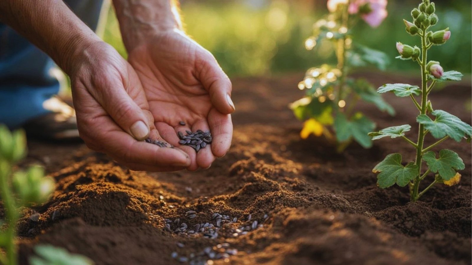 Gardener’s hands holding dark hollyhock seeds over freshly tilled garden soil with young hollyhock seedling growing nearby at golden hour.