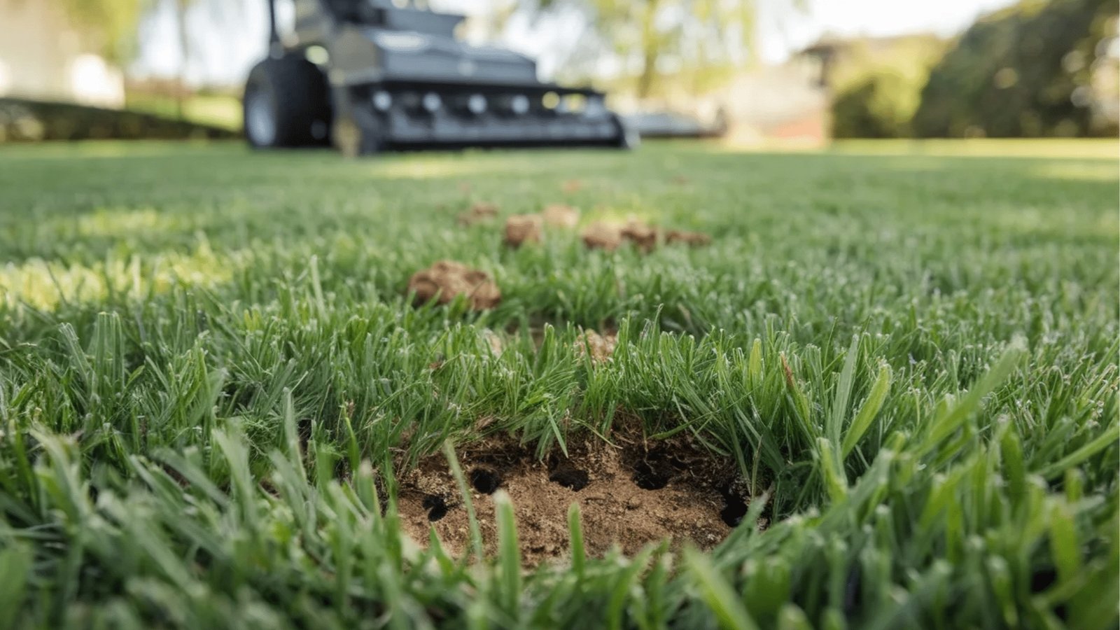 Ground-level view of freshly aerated lawn with soil plugs scattered across grass and large core aeration holes in foreground with machine blurred in background