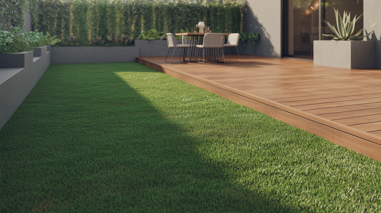 Small backyard with turf and wooden deck hybrid design