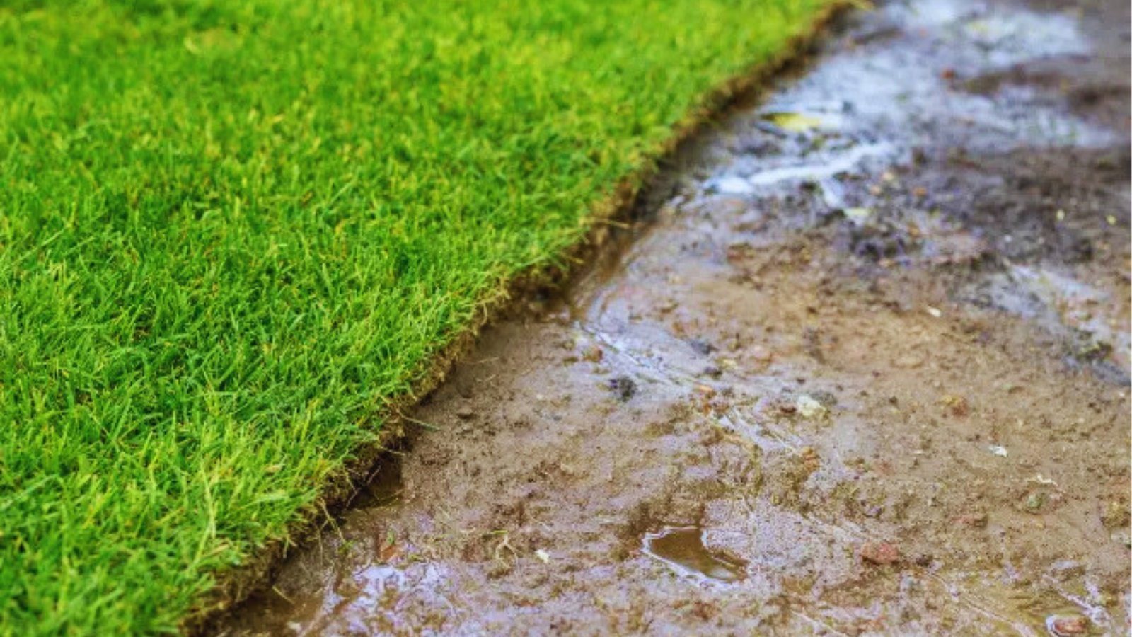 Close-up of fresh sod edge laid on wet muddy soil showing saturated ground needed for root establishment. 