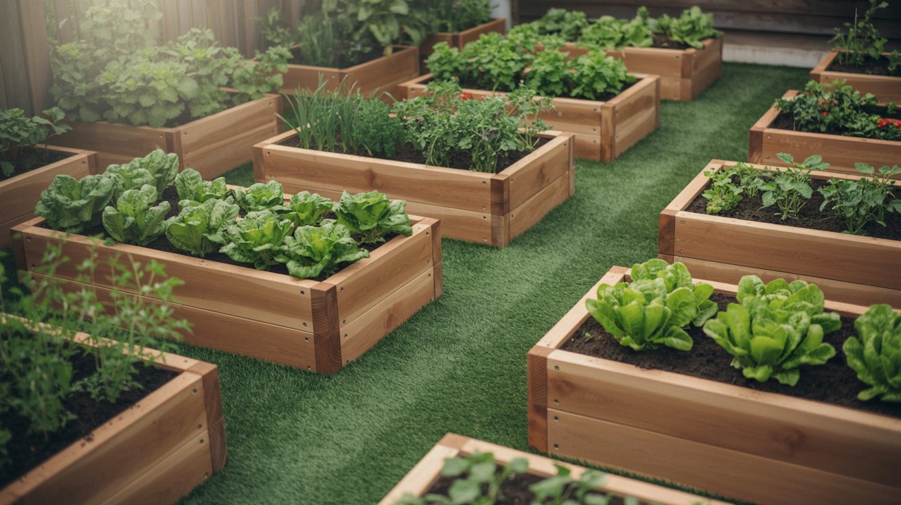 Artificial turf between raised garden beds in small backyard