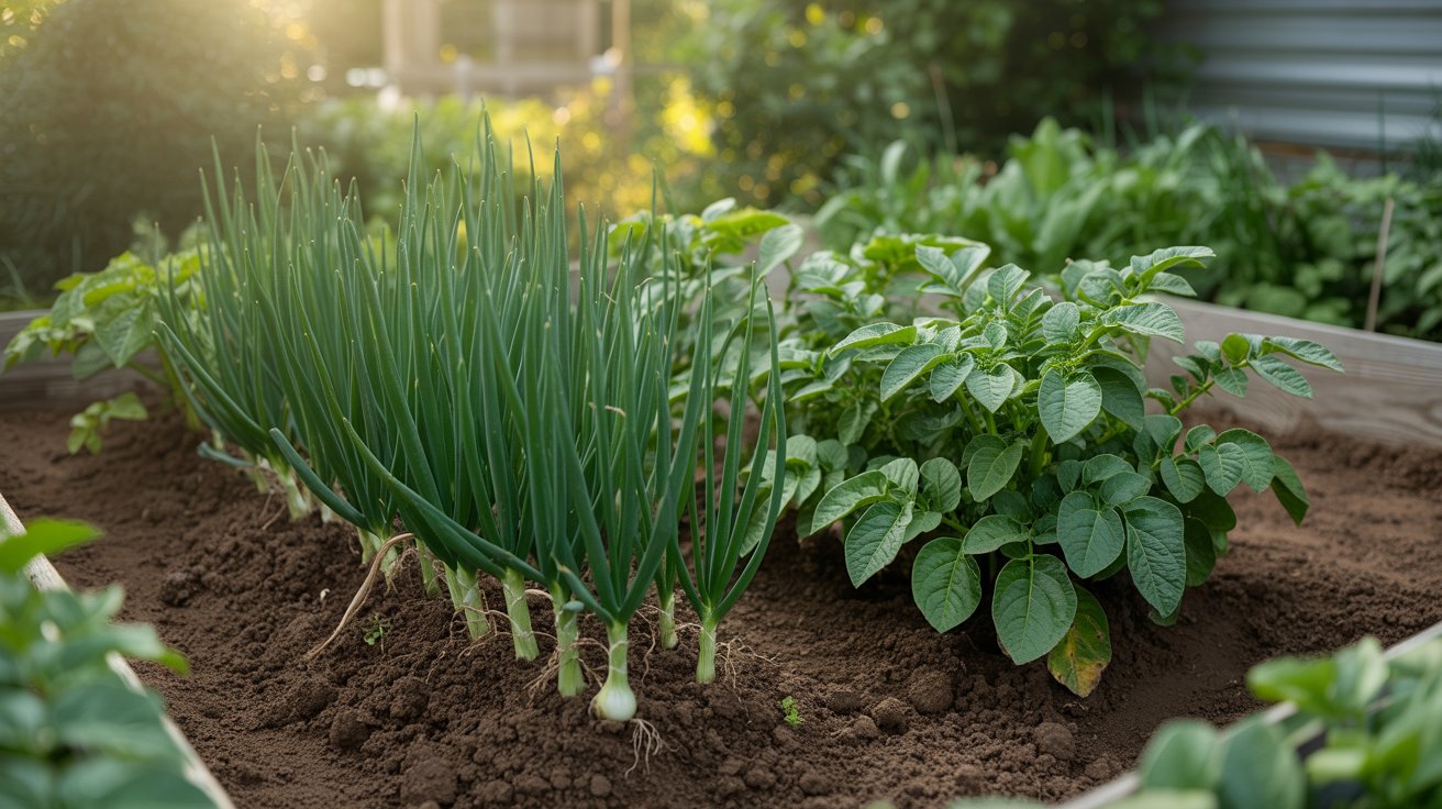 Healthy onions and potatoes growing together in a well-spaced garden bed.