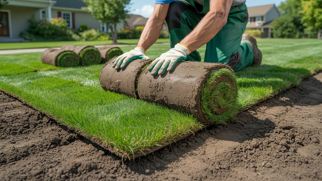 Fresh natural sod rolls being installed in a backyard lawn.