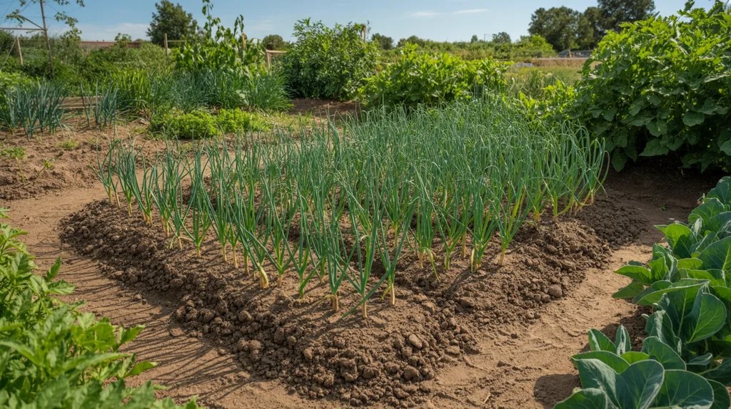 Ideal sunny location for planting garlic in the garden.