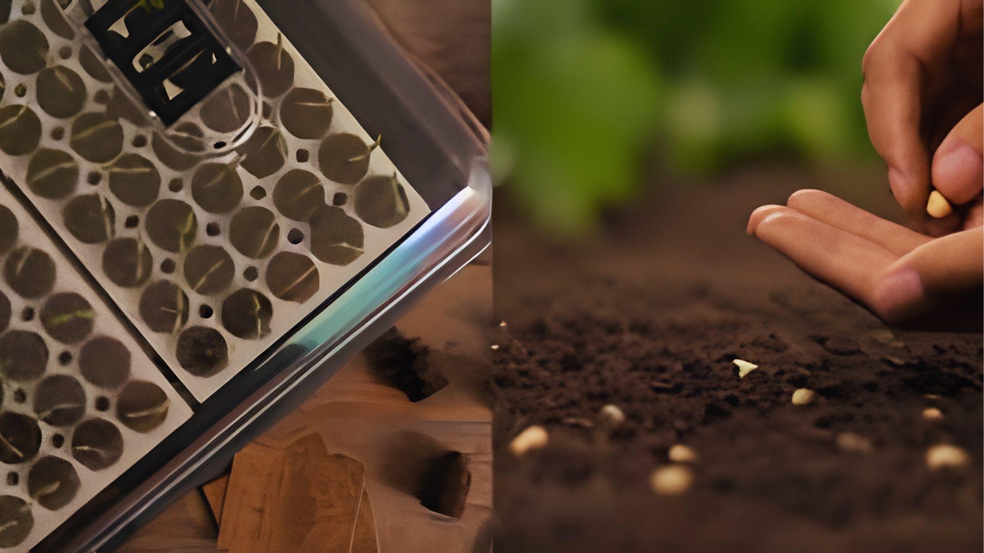 The split view shows cantaloupe seeds sprouting in a tray and hand sowing seeds in rich garden soil.