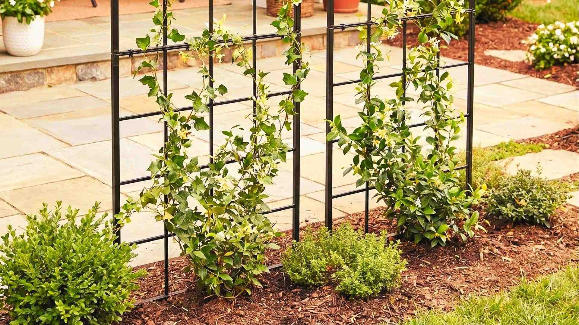 Black metal trellises support climbing vines and herbs along a mulched border in a 20x20 garden layout.