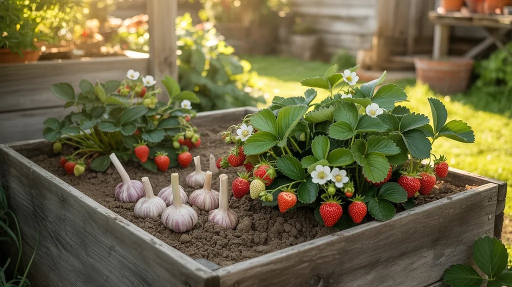 Garlic planted near strawberries in a raised bed helping repel pests and fungal diseases.