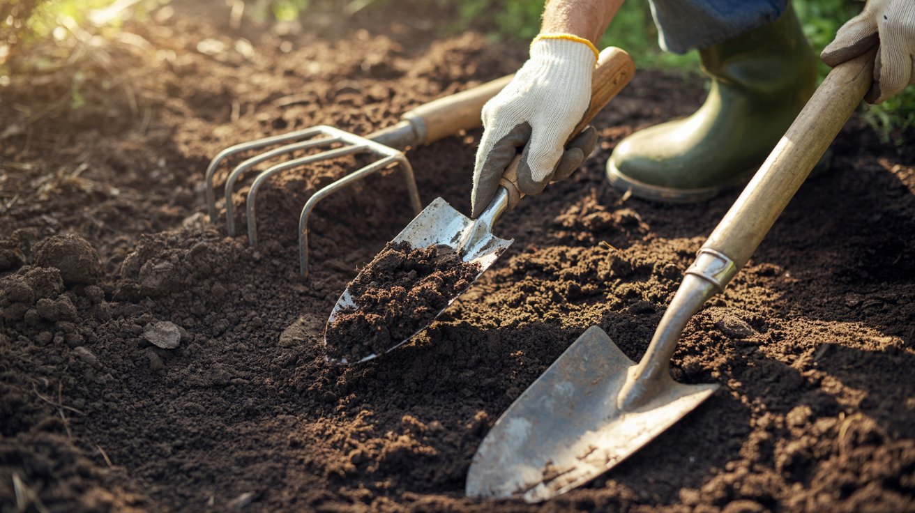 Preparing loose, well-draining soil for onions and potatoes.