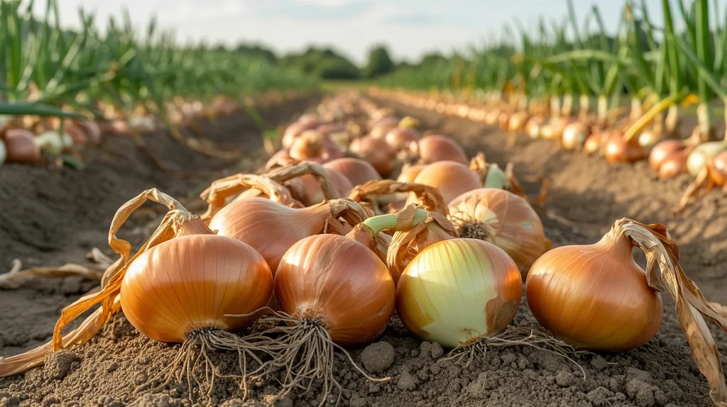 Spring-planted onions ready for harvest in a vegetable garden with mature bulbs and fallen tops.