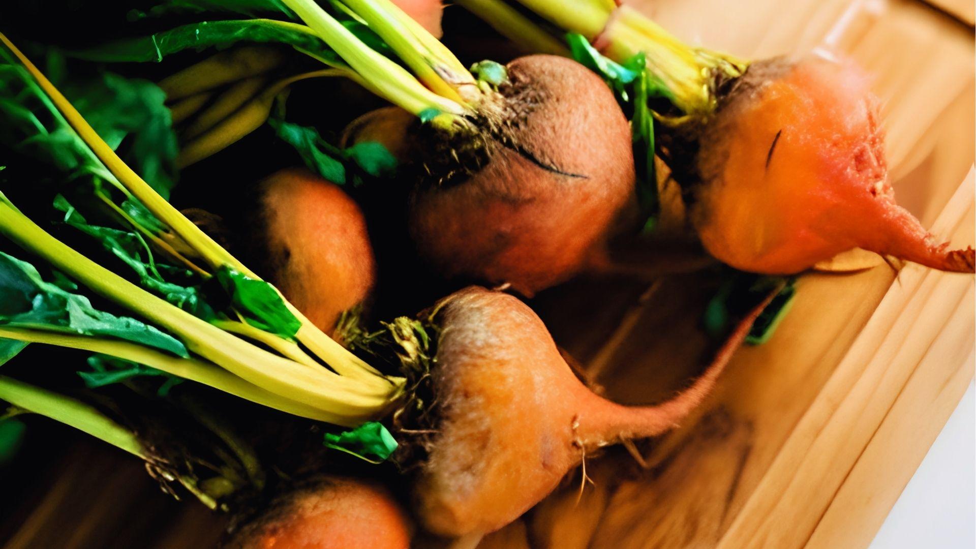 Bundle of Burpee's Golden beets with earthy skin and yellow-green stems resting on a light wooden cutting board.