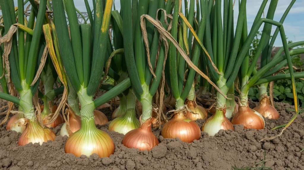 Mature onions with fallen tops showing they are ready for harvest.