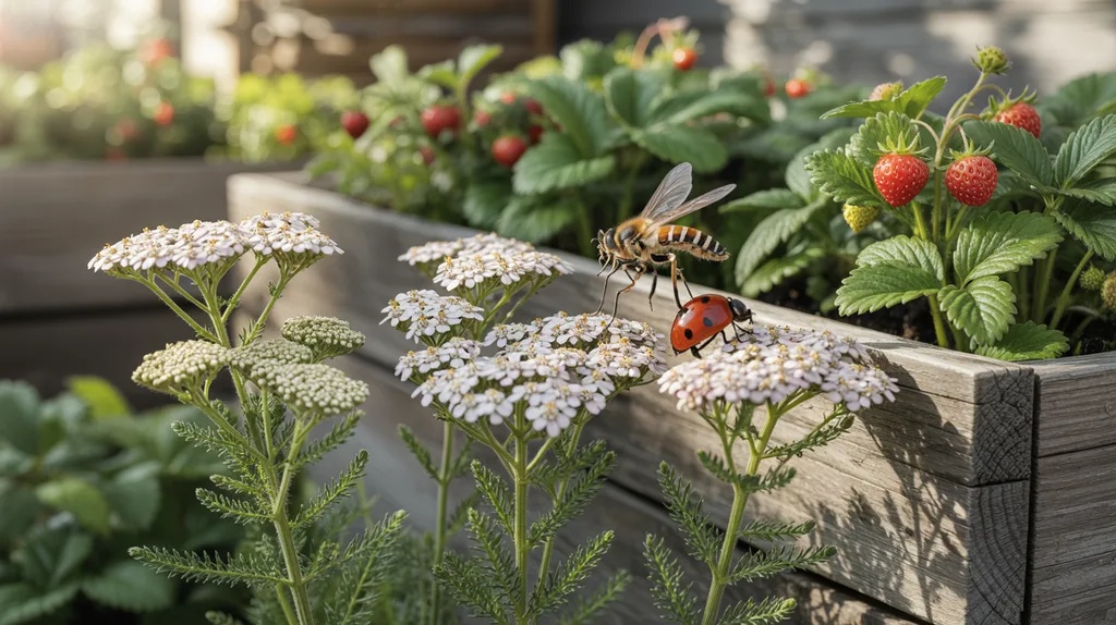 Yarrow growing near strawberries in a raised bed attracting beneficial insects that control pests.