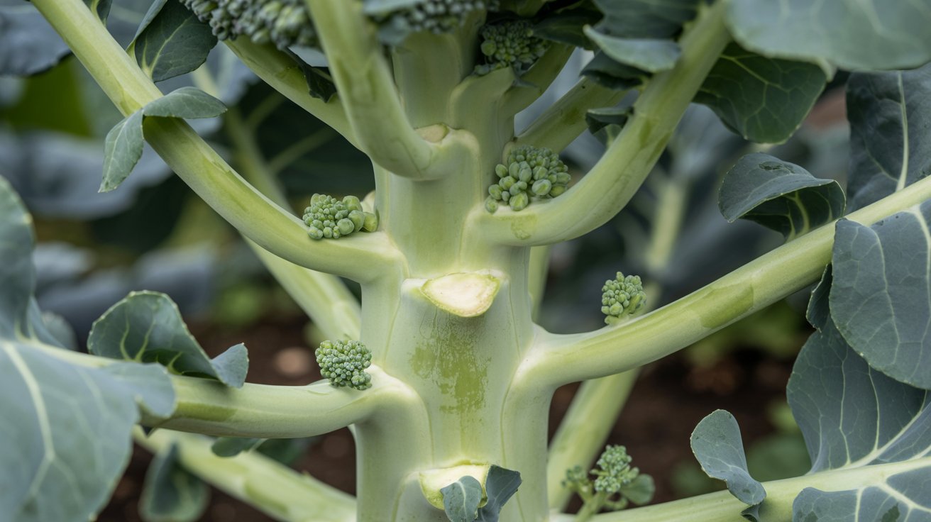 New broccoli side shoots developing after the main head is cut.