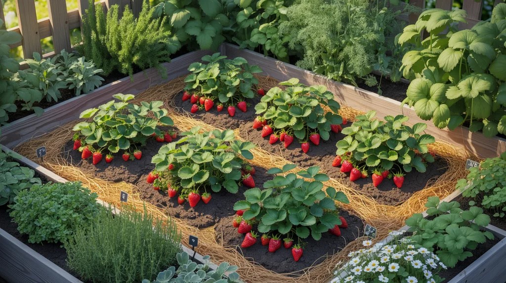 Strawberry plants growing in a raised bed with proper spacing and companion planting layout, showing improved airflow, healthy growth, and reduced disease risk for better fruit production.