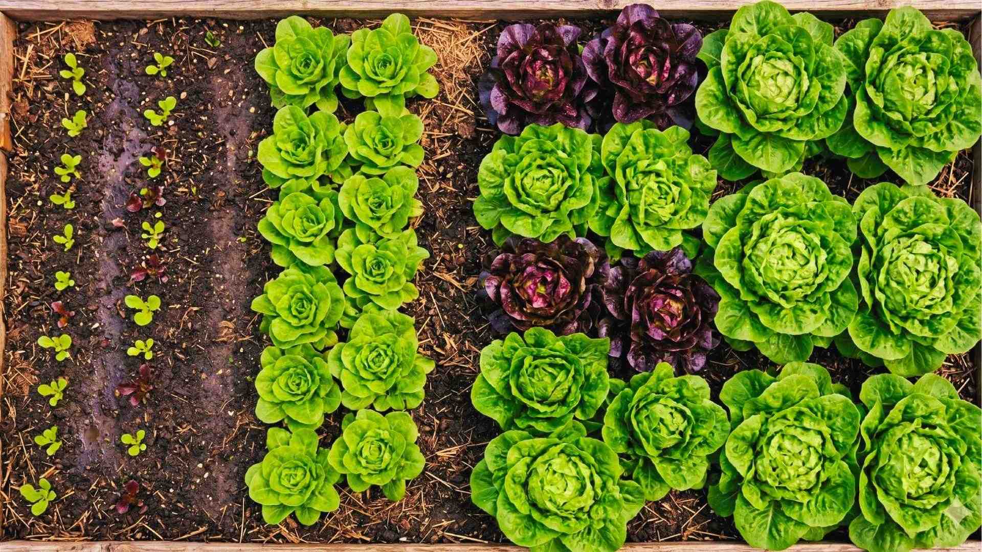 Overhead view of raised bed with green and red lettuce at varied growth stages in rich soil.
