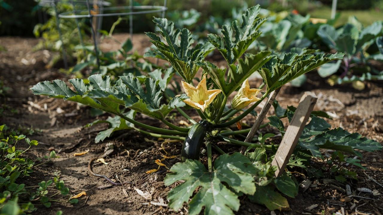 Zucchini plant with improved airflow after pruning.