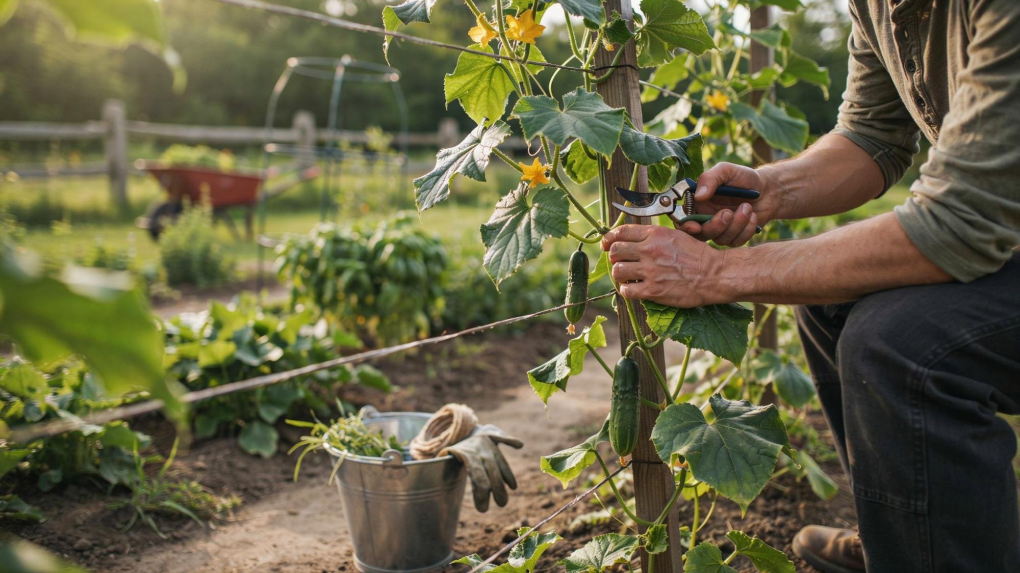 Gardener lightly pruning mature cucumber plants throughout the growing season.