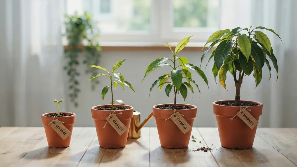 Different stages of mango plant growth from small sprout to young plant in pots, showing the development timeline after successful seed germination.