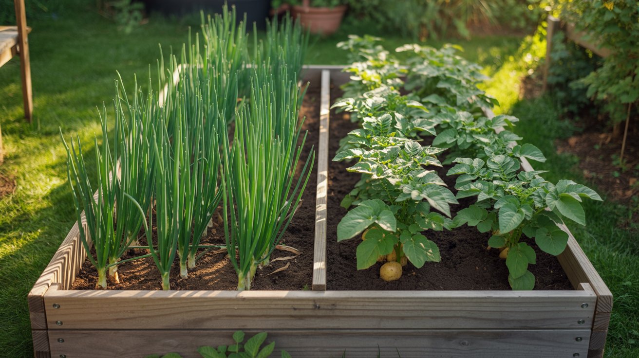 Garden bed divided between onions and potatoes.