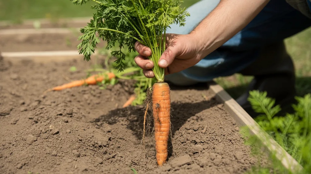 Person checking carrots in a garden to determine harvest readiness by gently pulling one from the soil.