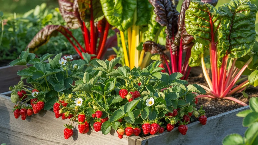 Swiss chard growing near strawberries in a raised bed adding height and color without crowding plants.