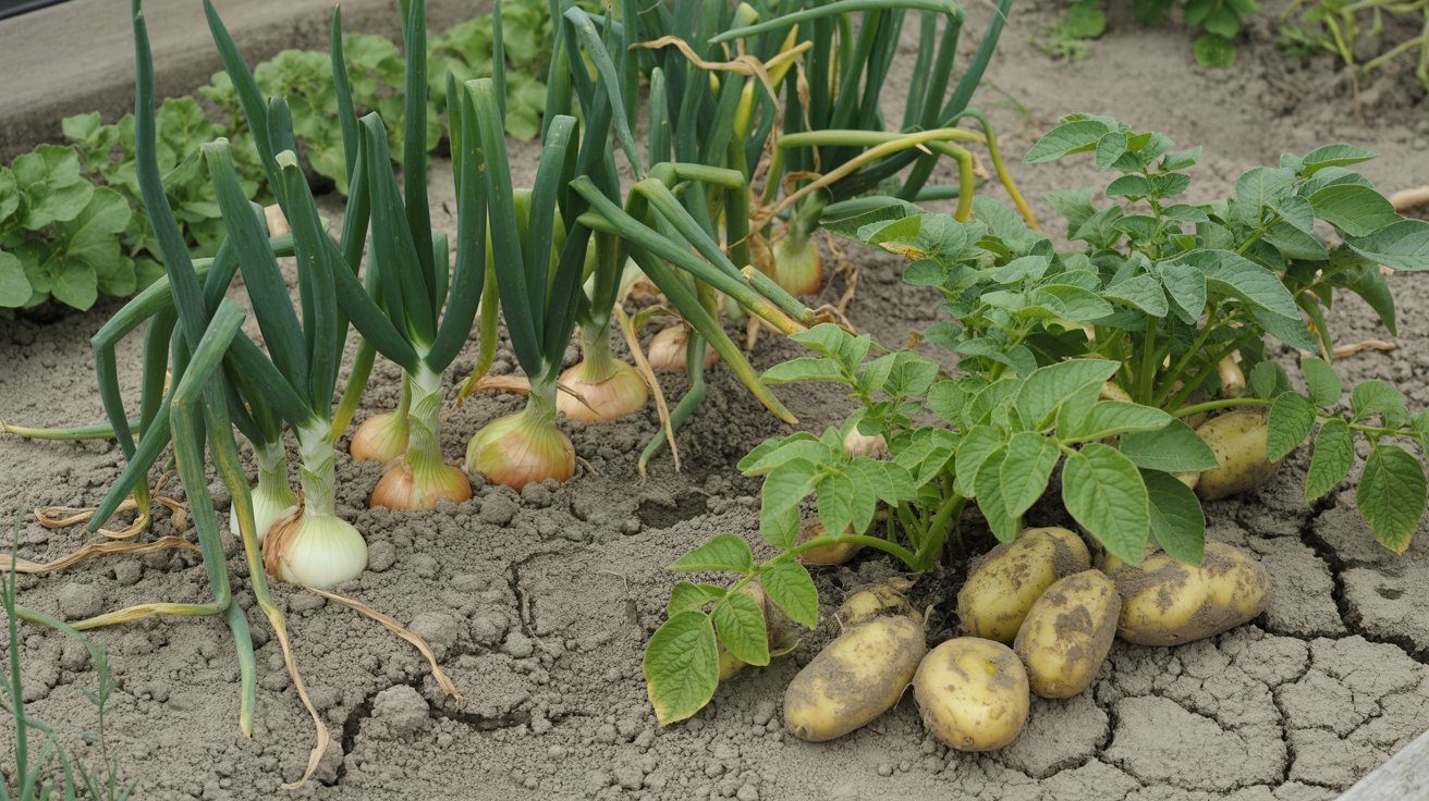 Onions and potatoes competing for nutrients and moisture in the soil.