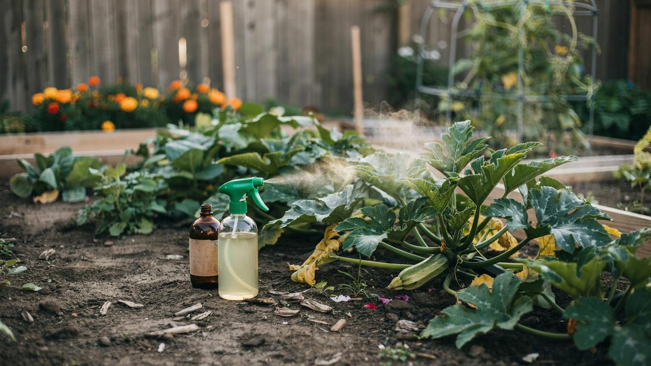 Neem oil spray used to treat powdery mildew on zucchini leaves.