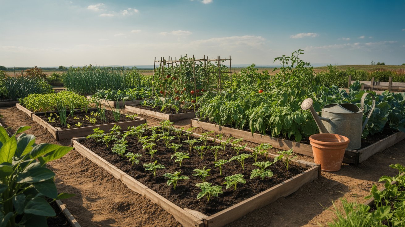 Sunny garden site prepared for planting onions and potatoes.