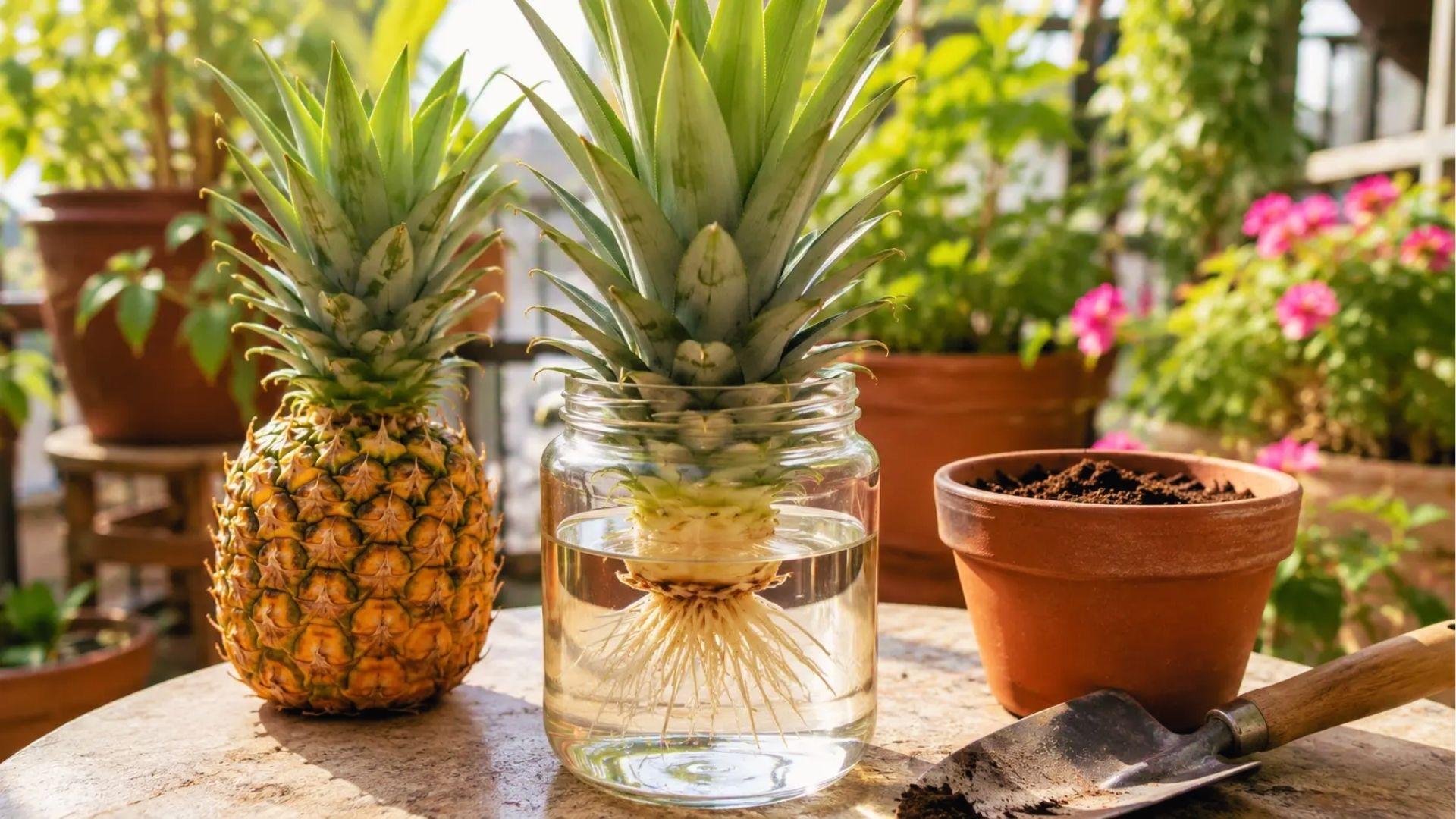 Pineapple top rooting in water jar beside whole fruit, pot, and trowel on sunny table
