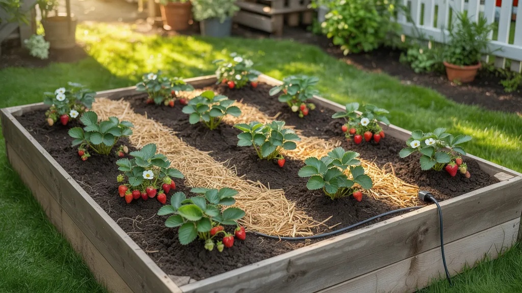 Raised bed garden setup for strawberries with proper soil mix, straw mulch, and healthy plants growing in full sun with good drainage and spacing.