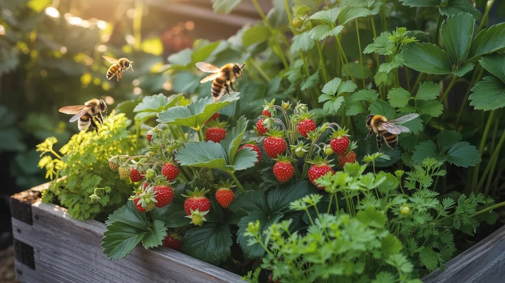 Cilantro growing between strawberry plants in a raised bed attracting beneficial insects for pest control.