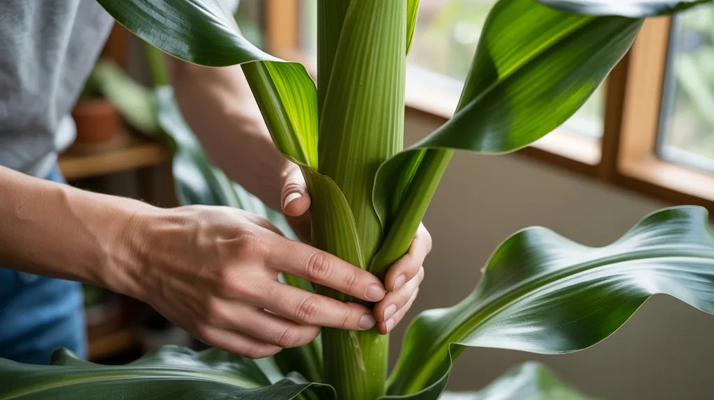 Selecting a healthy stem from a corn plant for propagation.