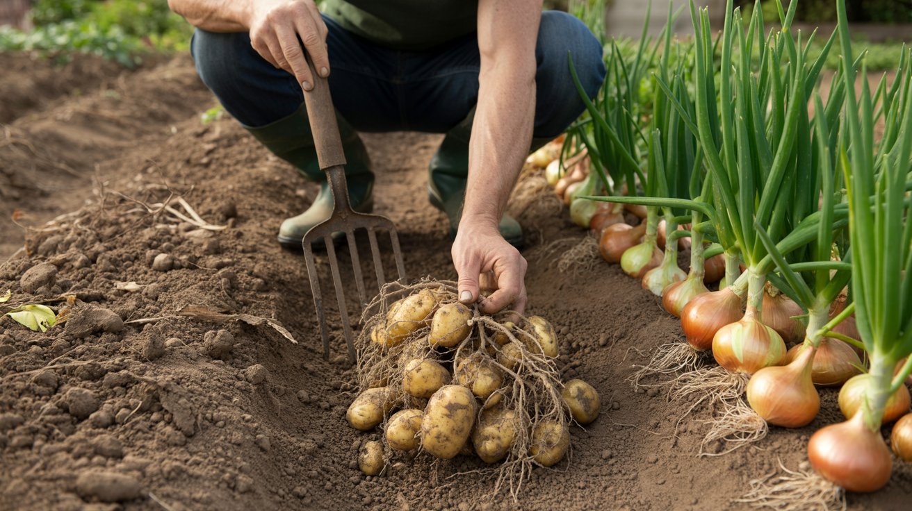 Harvesting potatoes carefully near established onion plants.