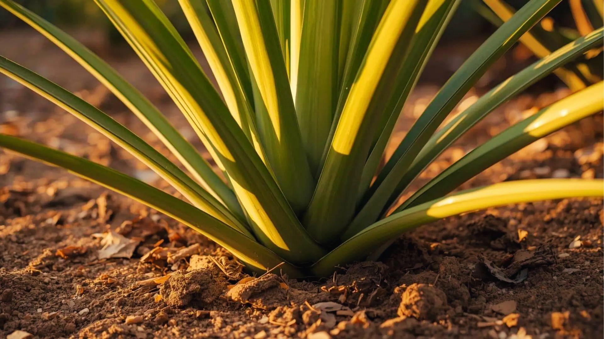 Mature pineapple plant base with long green leaves rooted in soil, ready for fruiting stage