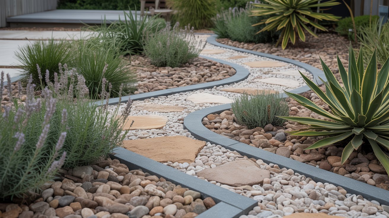 Stone and gravel mulch used along garden pathways and landscaping borders.